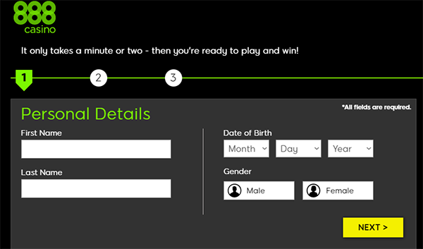 Registration process at 888casino is fast and simple