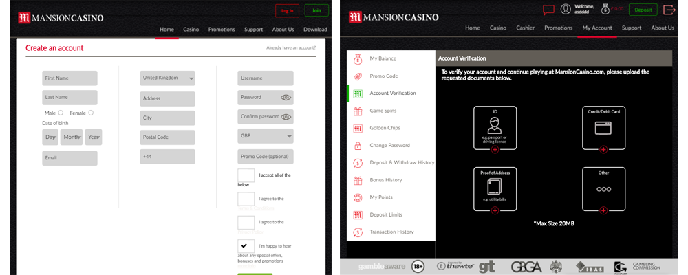 Registration and account verification at Mansion Casino