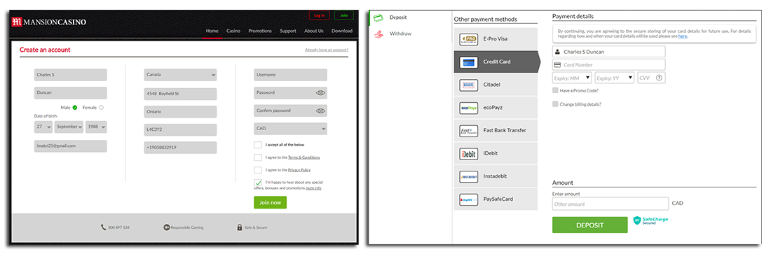 Registration and Deposit methods at Mansion Casino