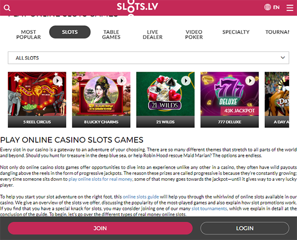 Slots.lv mobile casino features 270 games
