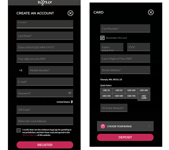 How to open an account and chosing a deposit method at SlotsLv Casino